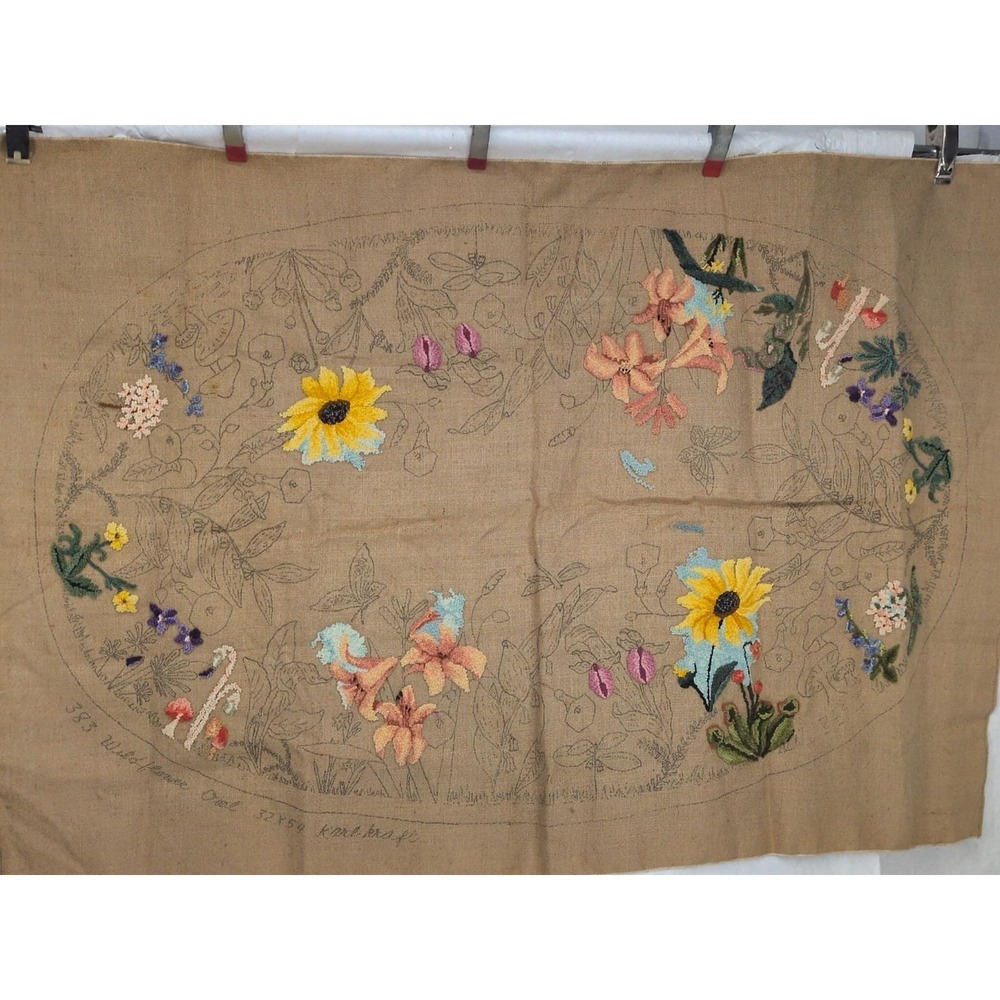 VTG Rug Hooking Pattern Rare Karl Kraft Floral  Wildflower Oval Garden On Burlap